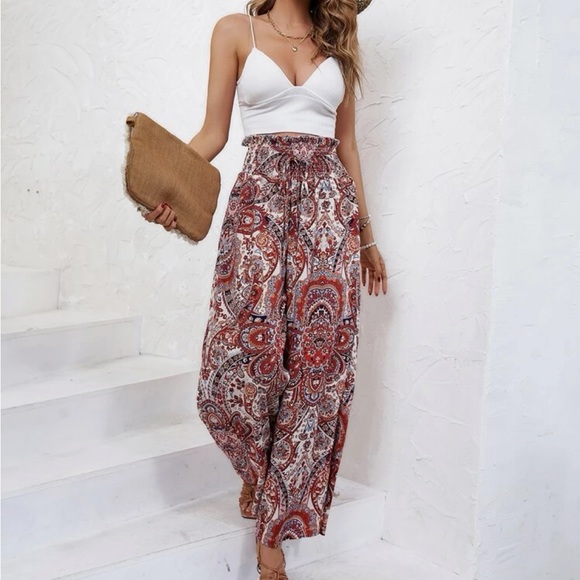 Boho Floral Paisley Print Wide Leg Palazzo Pants - Picture 1 of 7